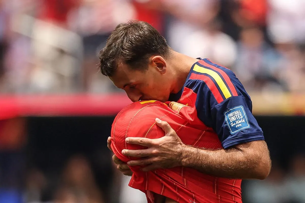 TOPSHOT - Spain's forward #21 Mikel Oyarzabal celebrates scoring his team's first goal during the 2026 World Cup round of 32 football match between Spain and Austria at the Los Angeles Stadium in Inglewood on July 2, 2026. (Photo by ETIENNE LAURENT / AFP)